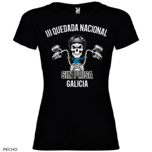 Camiseta Jamaica tallaje mujer con diseño calavera 3 quedada nacional Galicia Solo Custom Sin Prisa. Estampación pecho
